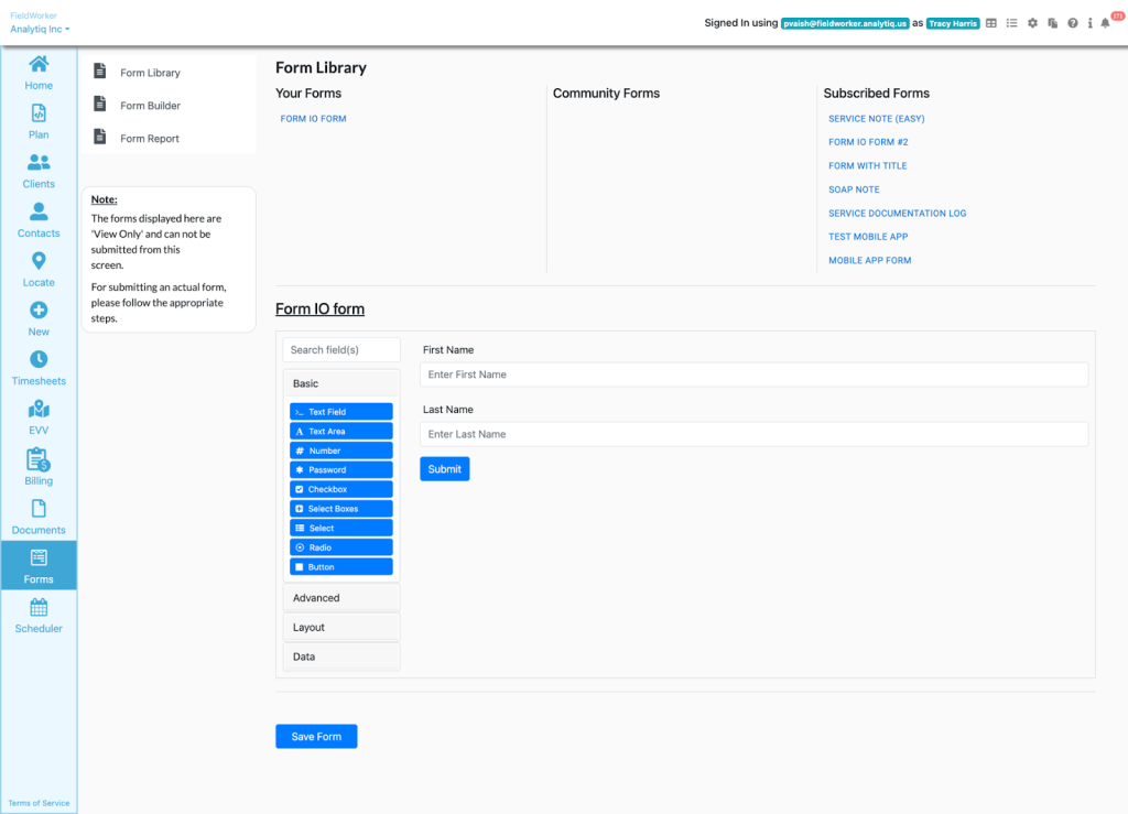 Customizable Forms panel of FieldWorker Application