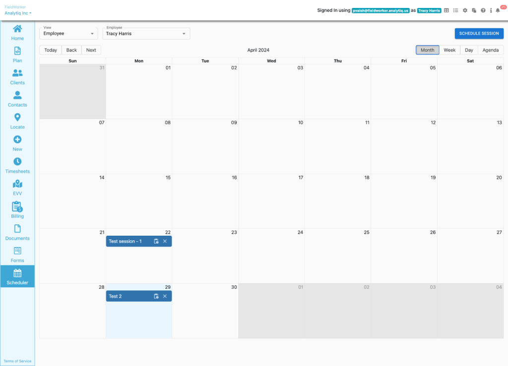 Efficient Scheduling panel of FieldWorker Application