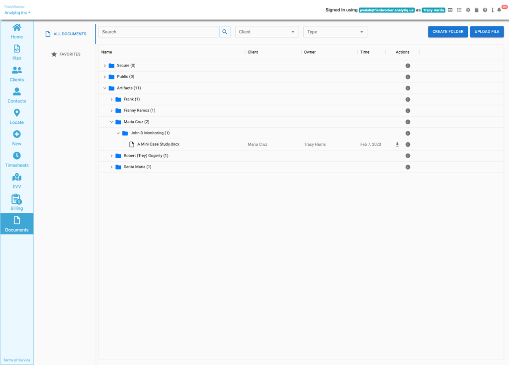 Organized Document Center panel of FieldWorker Application