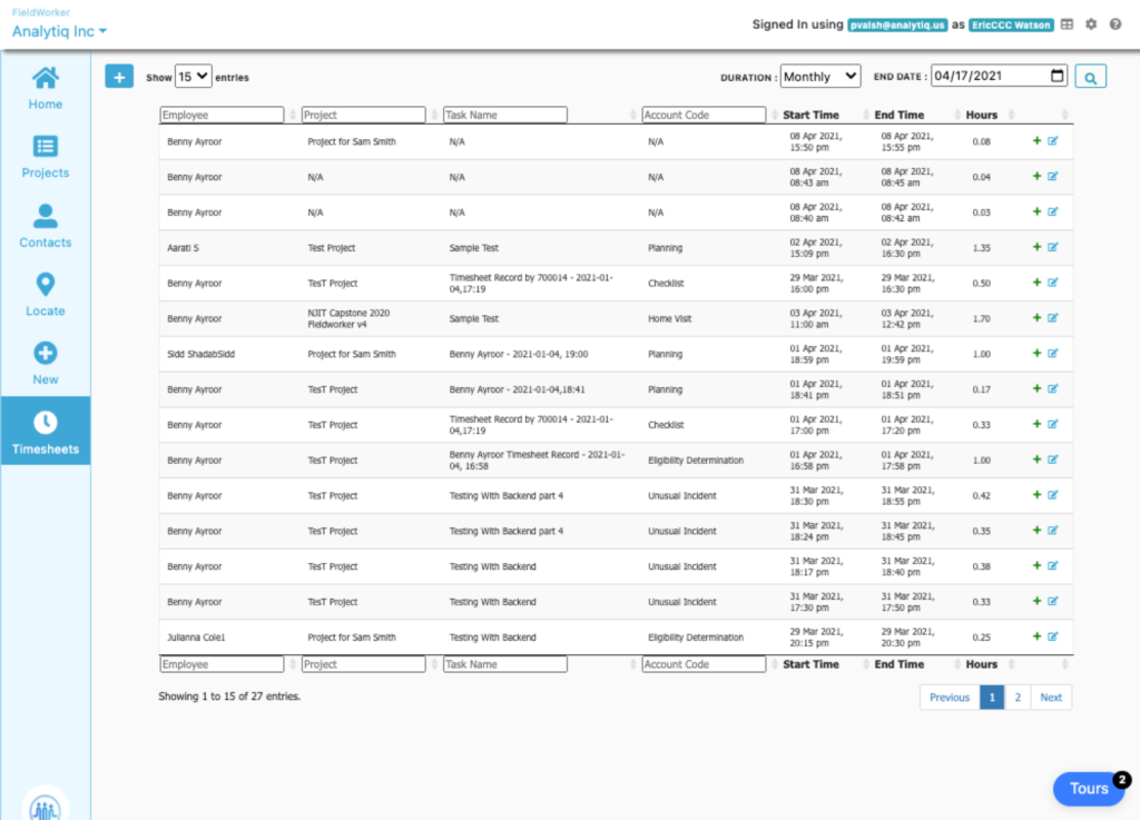 Time & Activity Tracking panel of FieldWorker Application