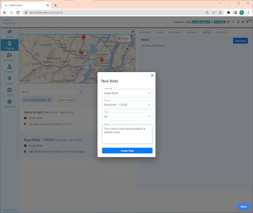 How to add a new note in the FieldWorker Application