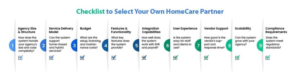 A checklist to select your own homecare partner infographic with 10 points