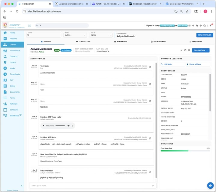 FieldWorker.ai Customer Center showing a unified activity pulse for a client 
