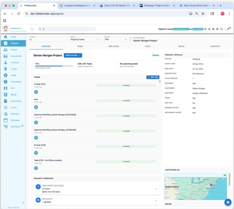 FieldWorker.ai Project screen showing tasks, timeline, and project details in one view 
