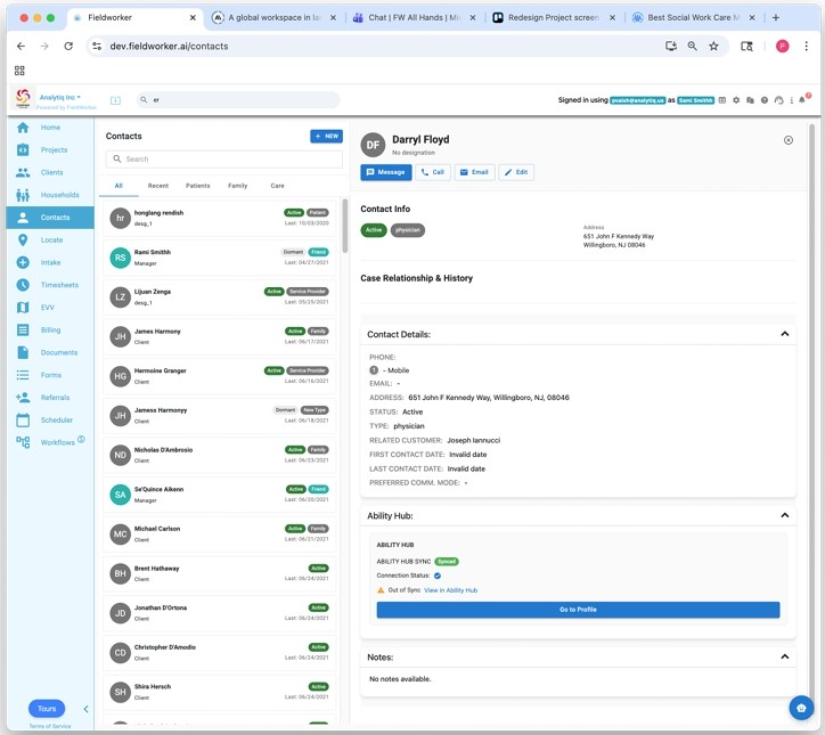  FieldWorker.ai Contact Center with quick-action buttons and AbilityHUB integration.