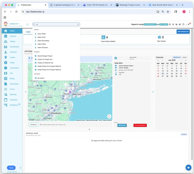 FieldWorker.ai global search showing results across clients, contacts, and projects